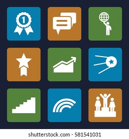 Success icons set. Set of 9 Success filled icons such as ranking, stairs, man holding globe, chart, number 1 medal, medal with star, chat, star