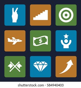 Success icons set. Set of 9 Success filled icons such as stairs, gem, target, crossed flags, arrow up, celebrity, peace, crown