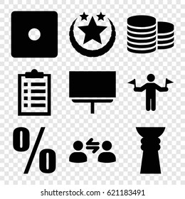 Success icons set. set of 9 success filled icons such as man with flags, Coin, Dice, board, user communicatrion, percent, trophy, star