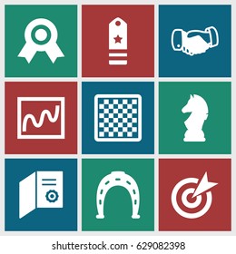 Success icons set. set of 9 success filled icons such as Horseshoe, handshake, chess horse, rank, chess board, diploma, target, chart