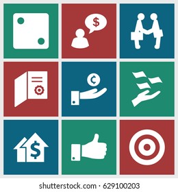 Success icons set. set of 9 success filled icons such as Dice, money on hand, thumb up, businessman shaking hands, target, man thinking about money, diploma, hand on coin