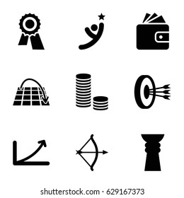 Success icons set. set of 9 success filled icons such as Wallet, award, graph, bow, move on map, trophy, arrows in target, winner