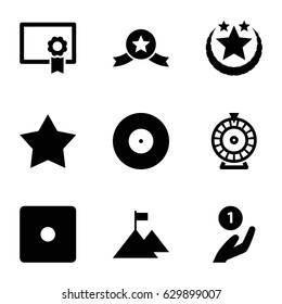 Success icons set. set of 9 success filled icons such as star, dice, roulette, diploma, flag on mountain, medal with star, star, coin on hand