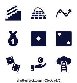 Success icons set. set of 9 success filled icons such as dice, graph, move on map, ladder to the sky, dice, medal, hand on coin