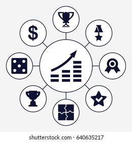 Success icons set. set of 9 success filled icons such as coin, dice, puzzle, trophy, medal, star