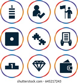 Success icons set. set of 9 success filled icons such as wallet, coin, dice, diamond, holding document, add user, ranking, man with flag