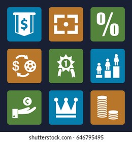 Success icons set. set of 9 success filled icons such as casino chip and money, crown, ranking, center focus, percent, number 1 medal, hand on coin, dollar sign