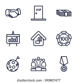 success icons set. Set of 9 success outline icons such as 100 casino chip, handshake, ranking, home lock, vip door, chart, money, flag on moon