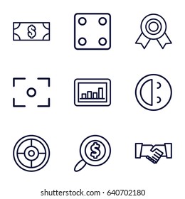 Success icons set. set of 9 success outline icons such as dice, graph, handshake, search dollar, center focus, laughing emot, money, medal