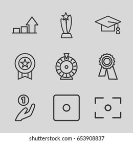 Success icons set. set of 9 success outline icons such as dice, roulette, award, graduation cap, graph, center focus, medal, trophy
