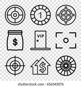 Success icons set. set of 9 success outline icons such as 1 casino chip, vip door, target, center focus, money sack, dolar growth