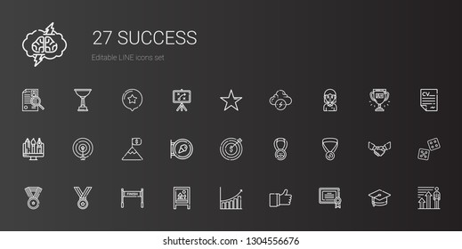 success icons set. Collection of success with certificate, like, bar chart, board, finish, medal, target, sign, goal, graphic, student, brainstorm. Editable and scalable success icons.