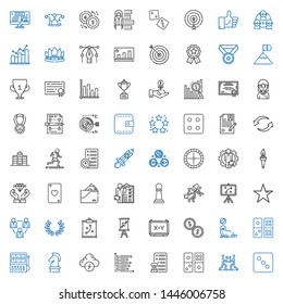 success icons set. Collection of success with dice, teamwork, domino, planning, bar chart, brainstorm, strategy, slot machine, seal, coins. Editable and scalable success icons.
