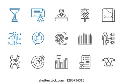 success icons set. Collection of success with joker, planning, bar chart, dart board, vision, skills, target, like, toga, sale, employee. Editable and scalable success icons.