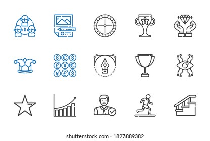 success icons set. Collection of success with stairs, running, employee, bar chart, star, vision, trophy, vector, coins, joker, diamond, roulette. Editable and scalable success icons.