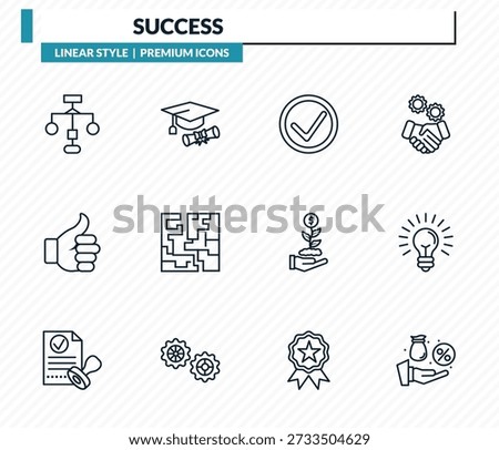 success icons set - flowchart, mortarboard, success, idea, commission outline vector collection.