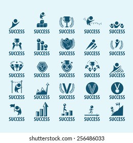 Success Icons Set - Isolated On Blue Background - Vector Illustration, Graphic Design, Editable For Your Design 