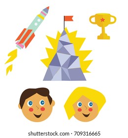 Success icons set for kids with mountain, rocket, winner cup. Vector graphic illustration