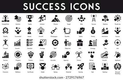 Success Icons set vector illustration with collection of competition ranking potential medal certificate fireworks applause victory approve accurate progress triumph best aim motivation
