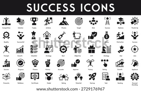 Success Icons set vector illustration with collection of competition ranking potential medal certificate fireworks applause victory approve accurate progress triumph best aim motivation