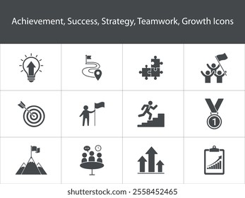 Success Icons Strategy, Teamwork, Achievement, Growth, Goals, ideas, planning, progress, achievement, and upward trends, simple flat solid icon vector