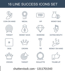 success icons. Trendy 16 success icons. Contain icons such as coin on hand, medal, vip, money bag, target, Money sack, Diamond, eating mouth. success icon for web and mobile.