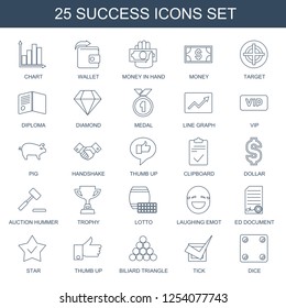 success icons. Trendy 25 success icons. Contain icons such as chart, Wallet, money in hand, money, target, diploma, Diamond, medal, line graph. success icon for web and mobile.