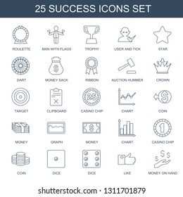 success icons. Trendy 25 success icons. Contain icons such as Roulette, man with flags, trophy, user and tick, star, dart, Money sack, ribbon. success icon for web and mobile.