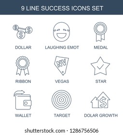 success icons. Trendy 9 success icons. Contain icons such as dollar, laughing emot, medal, ribbon, Vegas, star, Wallet, target, dolar growth. success icon for web and mobile.