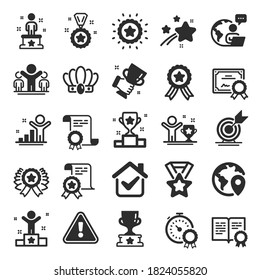 Success icons. Winner cup, goal target, certificate. Reward, medal with ribbon, crown icons. Award, winner podium, first place success. Statue, diploma with certificate, challenge. Vector