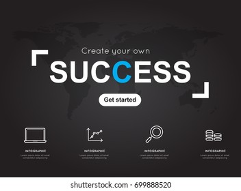 Success icons with world black map for business