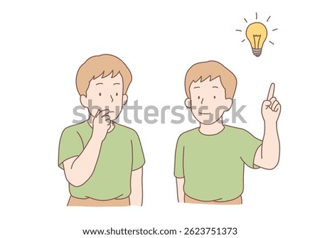 Success idea problem business concept set imagination young man daydreaming about solving problems. Hand drawn style vector design illustrations.
