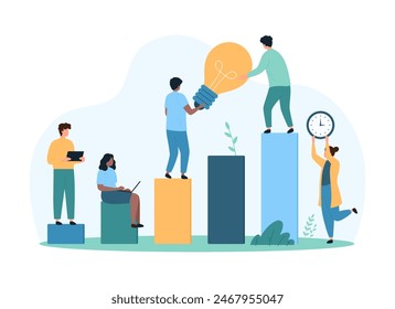 Success ideas for business growth, perspective strategy of corporate company development. Tiny people carry light bulb together and climb bars of finance profit graph cartoon vector illustration