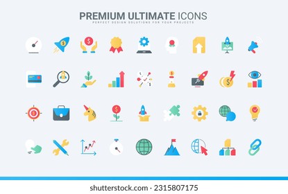 Success ideas and finance project development, vision and solution for trading, statistics graph growth, banking security support. Startup technology trendy flat icons set vector illustration