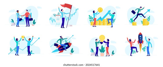 Success illustration collection - Set of businesspeople being successful, winning, making money and growing a business. Vector format, on white background