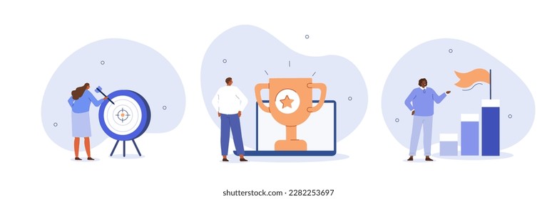 Success illustration set. Characters setting goals, objectives, successfully accomplish achievement and receiving rewards. Business concept. Vector illustration.