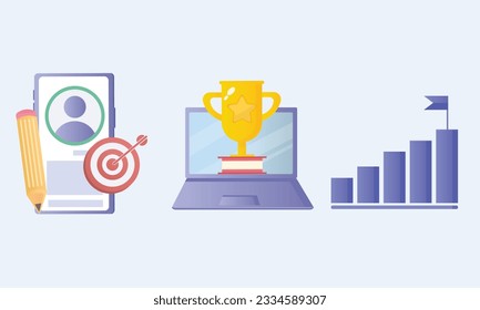 Success illustration set. Characters setting goals and objectives, successfully achieving accomplishments and receiving rewards. Business concept.on white background.Vector Design Illustration.