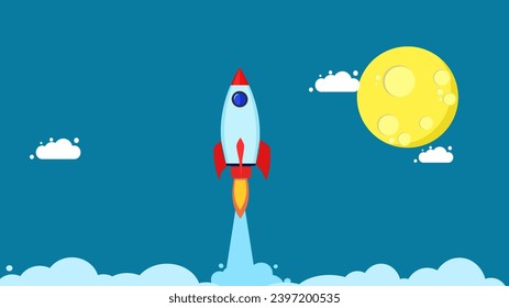 Success and imagination. Rocket flying over the moon 