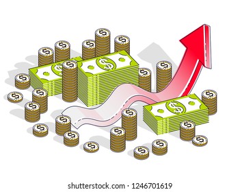 Success and income growing up concept, growth chart stats bar with cash money stack isolated on white background. Vector 3d isometric business and finance illustration, thin line design.