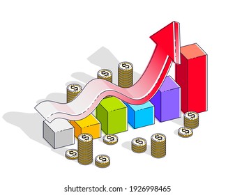 Success and income growing up concept, growth chart stats bar with cash money stack isolated on white background. Vector 3d isometric business and finance illustration, thin line design.