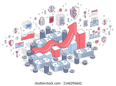 Success and income increase concept, growth chart stats bar with cash money stack isolated on white. 3d vector business isometric illustration with icons, stats charts and design elements.
