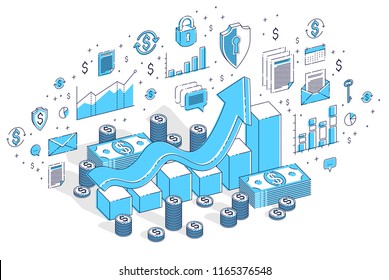 Success And Income Increase Concept, Growth Chart Stats Bar With Cash Money Stack Isolated On White. 3d Vector Business Isometric Illustration With Icons, Stats Charts And Design Elements.