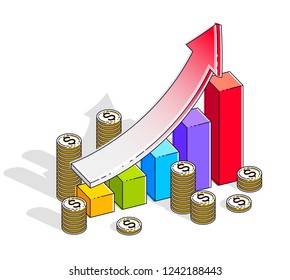 Success and income increase concept, growth chart stats bar with cash money stack isolated on white background. Vector 3d isometric business and finance illustration, thin line design.