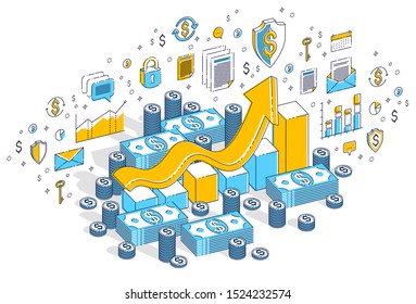 Success and income increase concept, growth chart stats bar with cash money stack isolated on white. 3d vector business isometric illustration with icons, stats charts and design elements.