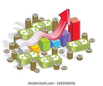 Success and income increase concept, growth chart stats bar with cash money stack isolated on white background. Vector 3d isometric business and finance illustration, thin line design.