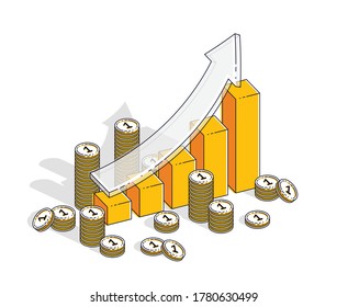 Success and income increase concept, growth chart stats bar with cash money stack isolated on white background. Vector 3d isometric business and finance illustration, thin line design.