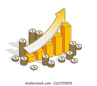 Success and income increase concept, growth chart stats bar with cash money stack isolated on white background. Vector 3d isometric business and finance illustration, thin line design.