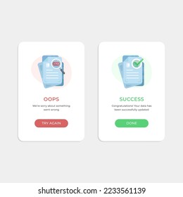 Success info message page and error info message page vector illustration with icons flat design style, modern graphic element for GUI UI screen template for smartphone or website banner