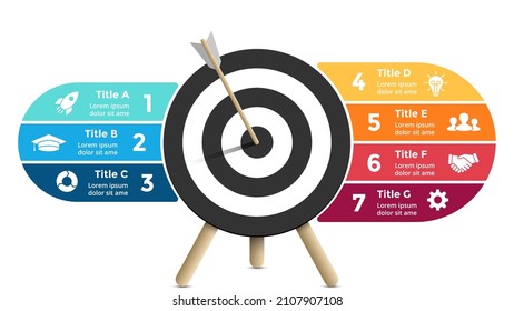 infografía de éxito. Plantilla de diapositiva de presentación empresarial. Arrow golpeó el blanco. Diagrama de objetivos. Gráfico con 7 pasos, opciones, procesos. 