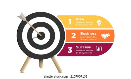 Success infographic. Business presentation slide template. Arrow hit the target. Goal diagram. Chart with 3 steps, options, processes. 